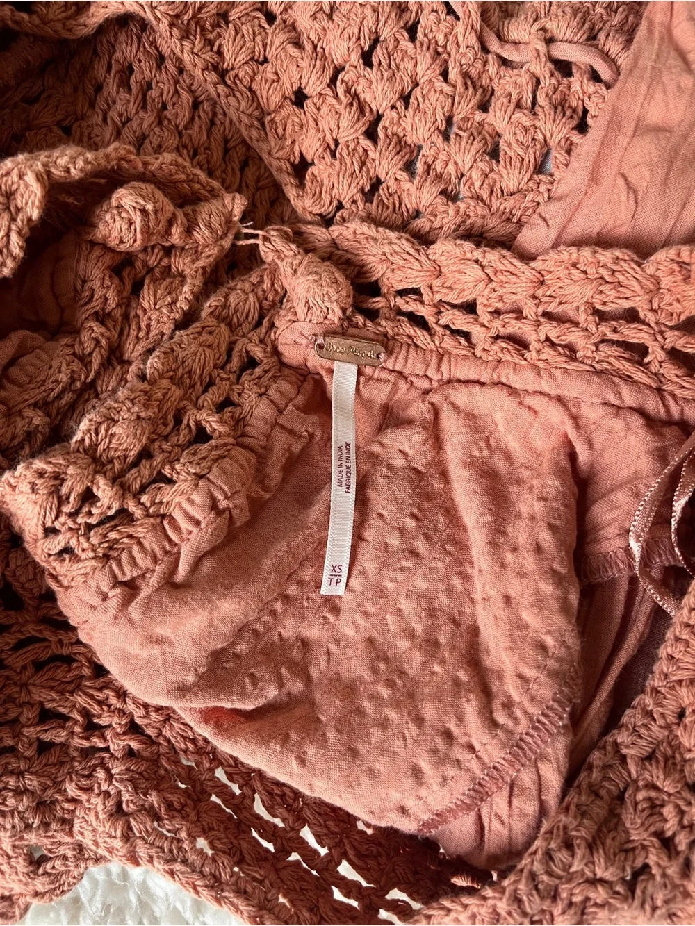 Free People Megan Top in Coral Crochet Peasant Long-Sleeve Top XS